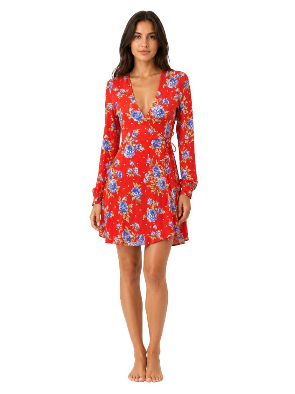 Zara XS Red Blue Floral Wrap Mini Dress V Neck Long Sleeve Boho Romantic Chic